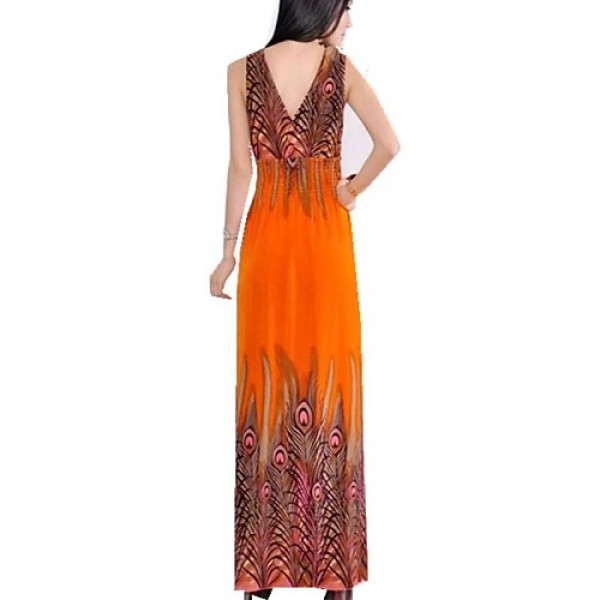 Women's Print Blue/Orange/Purple Dress,Maxi Deep V Sleeveless 