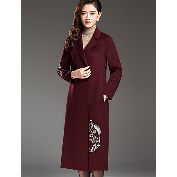 Women's Plus Size Street chic CoatPrint Notch Lapel Long Sleeve Fall / Winter Red / Black / Gray Wool / Polyester Thick