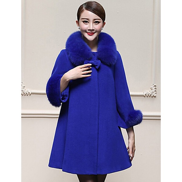 Women's Plus Size / Casual/Daily Simple Coat,Solid Round Neck Long Sleeve Winter Blue / Yellow Wool / Faux Fur Thick