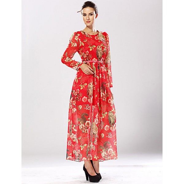 Women's Casual/Daily Swing Dress,Floral Crew Neck Maxi Long Sleeve Red / Yellow Polyester Spring