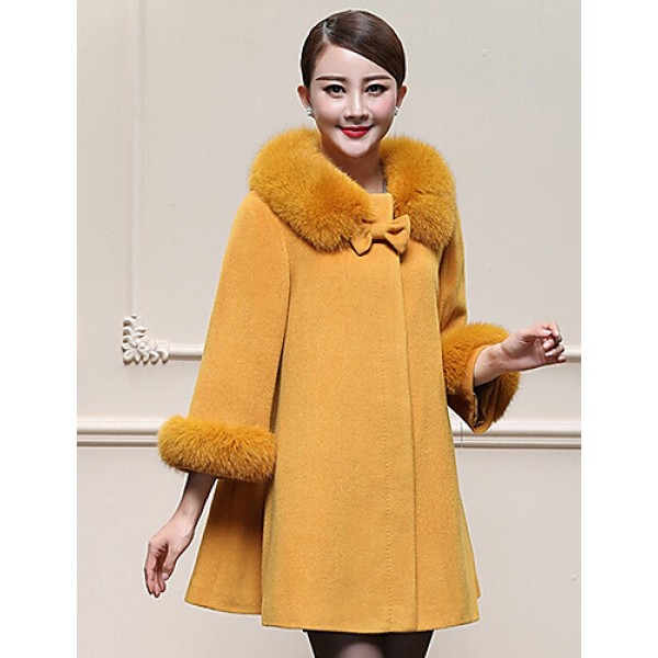 Women's Plus Size / Casual/Daily Simple Coat,Solid Round Neck Long Sleeve Winter Blue / Yellow Wool / Faux Fur Thick