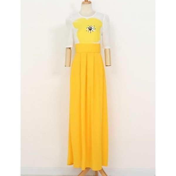 Women's Fashion Round Neck Print Color Block Swing Maxi Dress