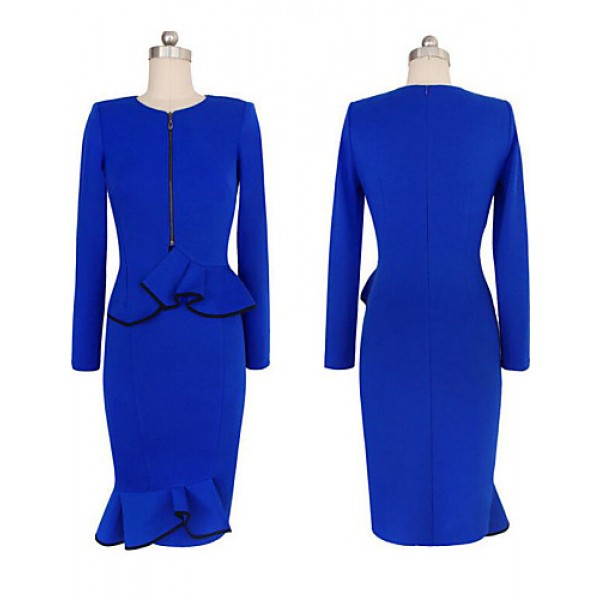 Women's Fashion Retro Bodycon O Neck Long Sleeve Pattern Color Dress