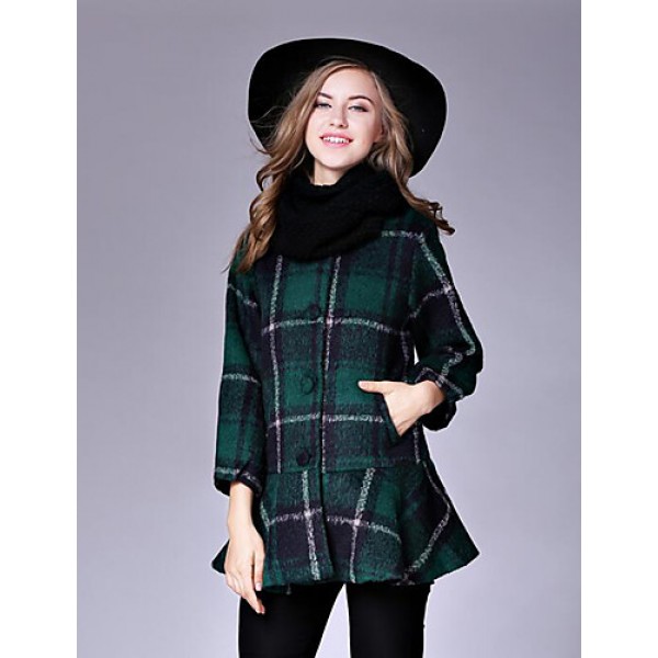 Women's Casual/Daily Street chic CoatPlaid Round Neck Long Sleeve Fall / Winter Red / Black / Green Wool Medium