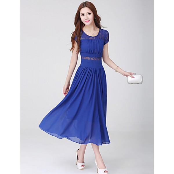 Women's Holiday / Plus Size Boho / Street chic Swing Dress,Solid Round Neck Maxi Short Sleeve Blue / White / Black Silk / Polyester Summer