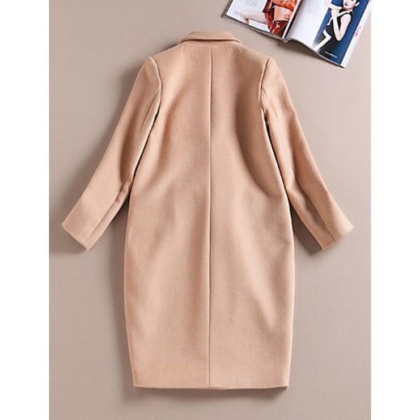 Boutique S Formal / Work Simple CoatSolid Peaked Lapel Long Sleeve Winter Beige Wool / Spandex Medium