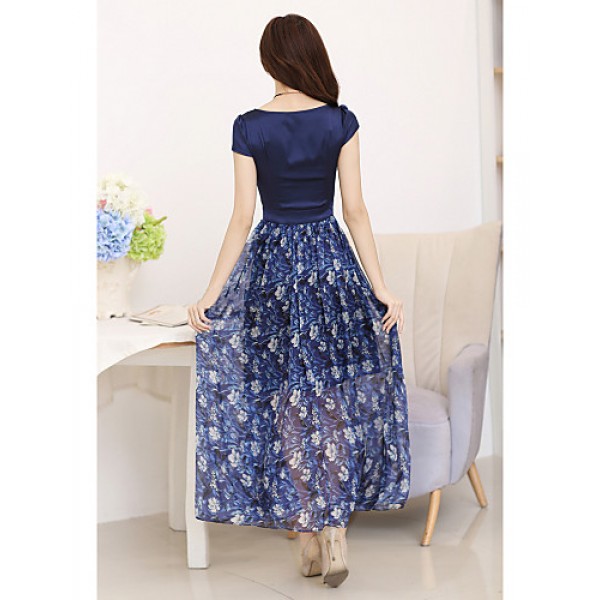 Women's Casual/Daily / Plus Size Vintage Swing Dress,Floral Boat Neck Maxi Short Sleeve Blue Silk Summer High Rise Micro-elastic Thin