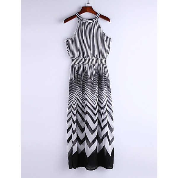 Women's Black & White Stripes Sexy Sleeveless Maxi Dress