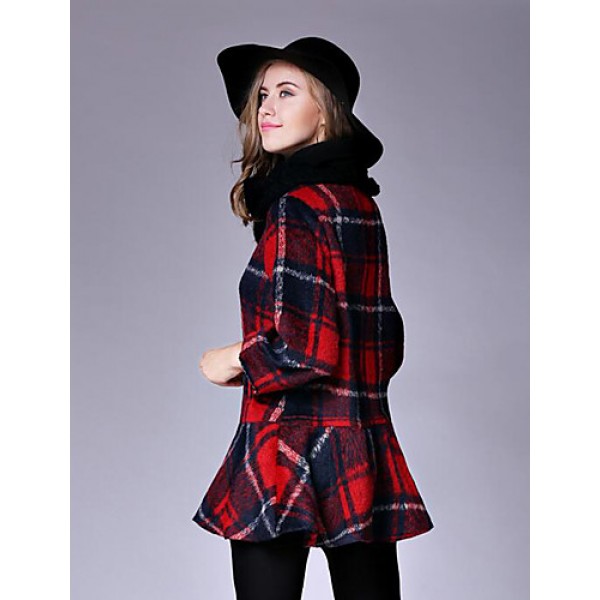 Women's Casual/Daily Street chic CoatPlaid Round Neck Long Sleeve Fall / Winter Red / Black / Green Wool Medium