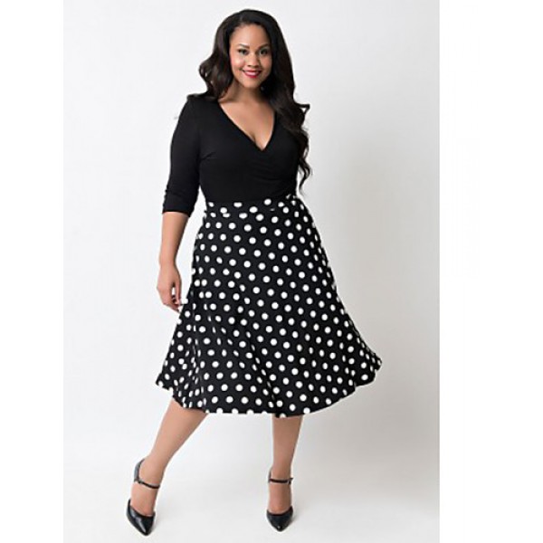 Women's Casual/Daily Plus Size Dress,Solid / Polka Dot V Neck Knee-length ? Length Sleeve Black Polyester Fall