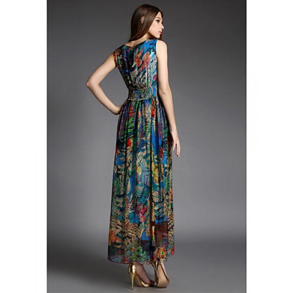 Going out Street chic Sheath Dress,Print V Neck Maxi Sleeveless Blue Silk Summer High Rise