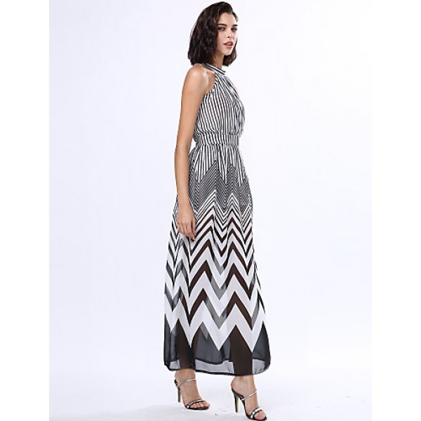 Women's Black & White Stripes Sexy Sleeveless Maxi Dress