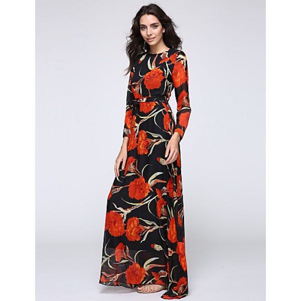 Women's Beach Trumpet/Mermaid Dress,Patchwork Stand Maxi Long Sleeve Orange Spandex Spring