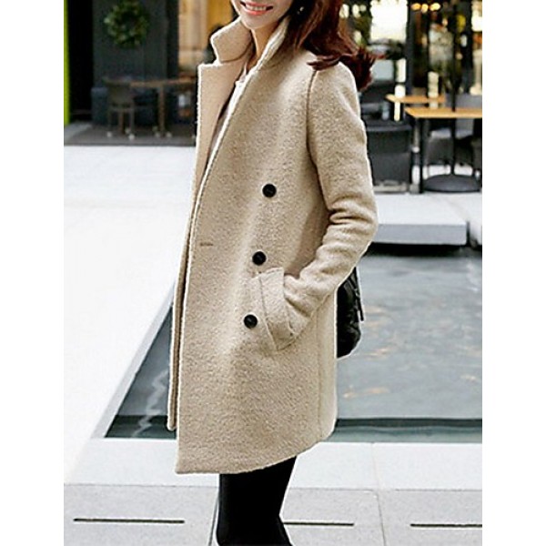 Women's Casual/Daily Simple Coat,Solid Notch Lapel Long Sleeve Fall Beige Wool Medium