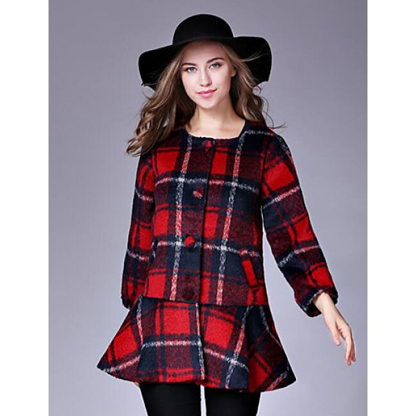 Women's Casual/Daily Street chic CoatPlaid Round Neck Long Sleeve Fall / Winter Red / Black / Green Wool Medium