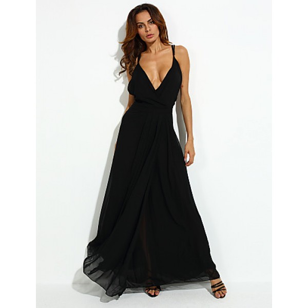 Women's Party/Cocktail Sexy Loose Dress,Solid V Neck Maxi Sleeveless Black Polyester Summer