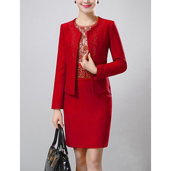 Women's Party/Cocktail / Plus Size Simple Sheath Dress,Jacquard Round Neck Above Knee Long Sleeve Red Polyester Fall Mid Rise