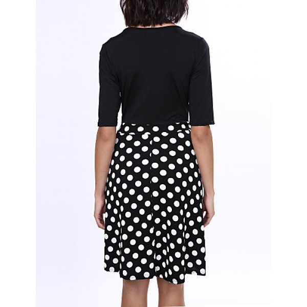 Women's Casual/Daily Plus Size Dress,Solid / Polka Dot V Neck Knee-length ? Length Sleeve Black Polyester Fall