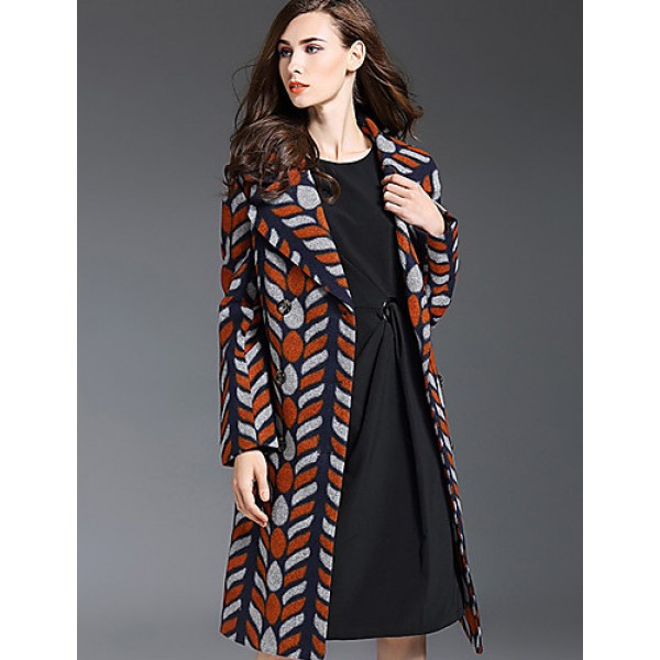 Women's Plus Size / Casual/Daily Simple Trench Coat,Color Block Notch Lapel Long Sleeve Fall / Winter Orange Wool / Acrylic / Polyester