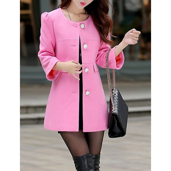 Women's Casual/Daily Simple Coat,Solid Notch Lapel Long Sleeve Fall Pink / White / Yellow Wool Medium