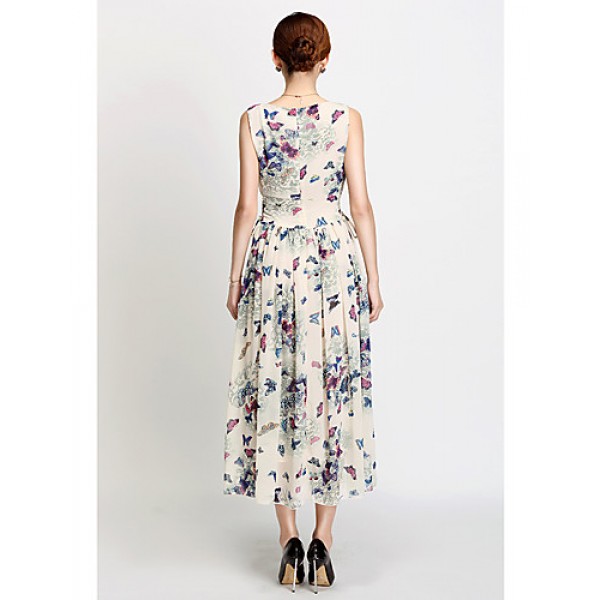 Women's Butterfly Print Beige Dress, Vintage/Print/Maxi U Neck Sleeveless Swing