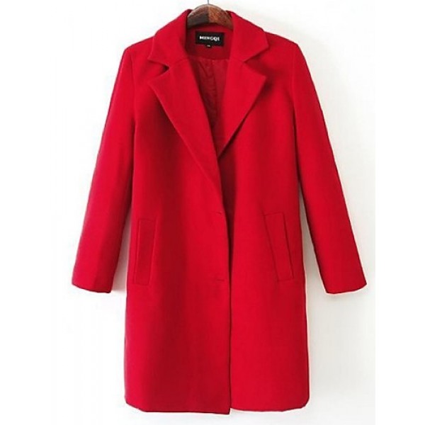 Women's Casual/Daily Plus Size Pea Coats,Solid Shirt Collar Long Sleeve Winter Red Wool