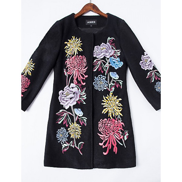 Boutique SWomen's Plus Size / Going out Chinoiserie Coat,Solid / Embroidered Round Neck Long Sleeve
