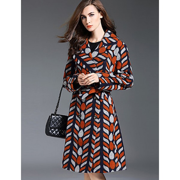 Women's Plus Size / Casual/Daily Simple Trench Coat,Color Block Notch Lapel Long Sleeve Fall / Winter Orange Wool / Acrylic / Polyester