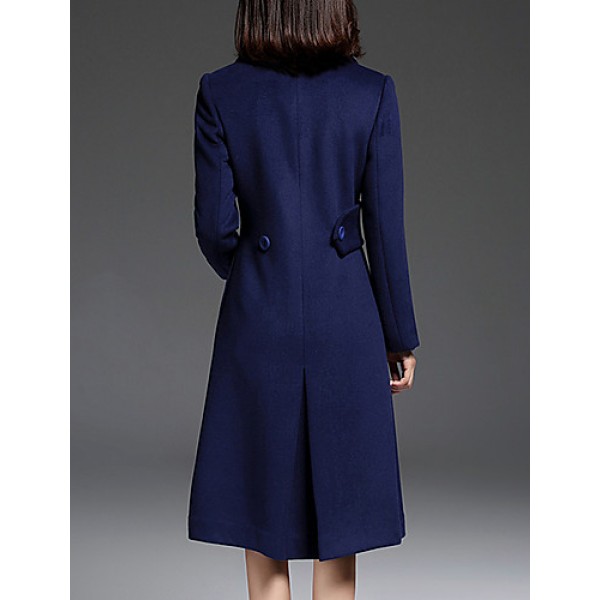 Women's Going out CoatSolid Notch Lapel Long Sleeve Fall / Winter Blue Wool / Polyester Thick