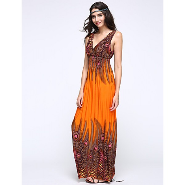 Women's Print Blue/Orange/Purple Dress,Maxi Deep V Sleeveless 
