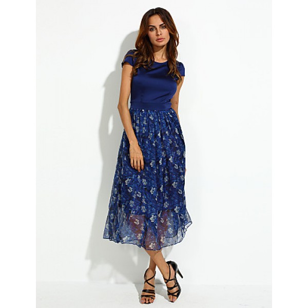 Women's Casual/Daily / Plus Size Vintage Swing Dress,Floral Boat Neck Maxi Short Sleeve Blue Silk Summer High Rise Micro-elastic Thin