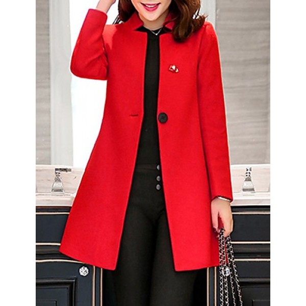 Women's Casual/Daily Simple Coat,Solid Notch Lapel Long Sleeve Spring Pink / Red / Green / Purple Wool Medium