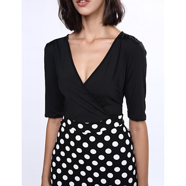 Women's Casual/Daily Plus Size Dress,Solid / Polka Dot V Neck Knee-length ? Length Sleeve Black Polyester Fall