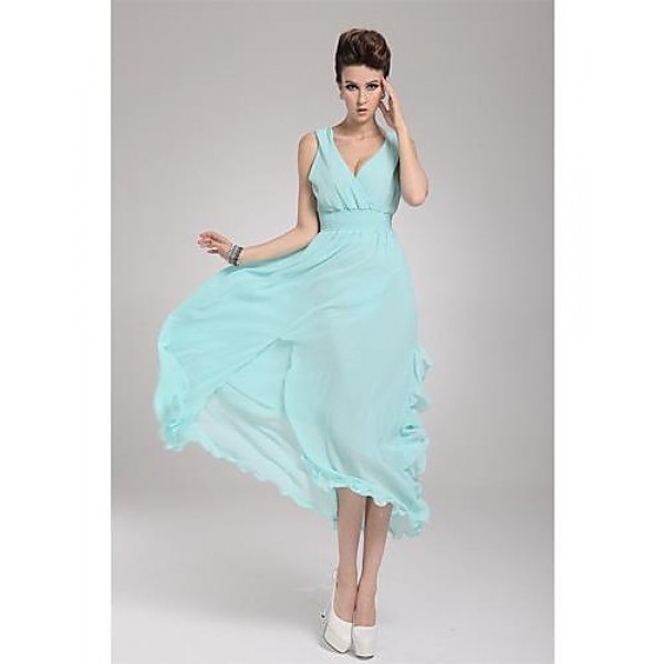 Women's Formal Sexy Swing Dress,Solid Deep V / Surplice Neck Maxi Sleeveless Blue / Pink / White / Black / Green / Orange / YellowAll