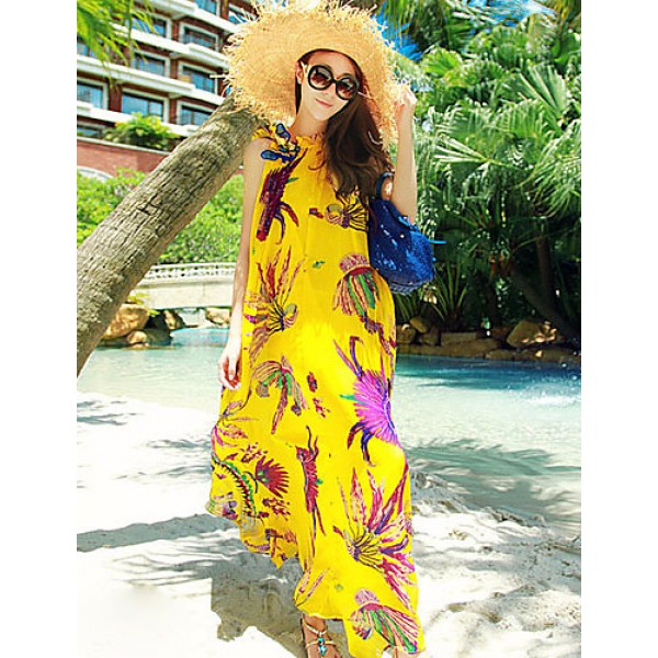 Beach Swing Dress,Print Maxi Sleeveless Yellow Summer Inelastic Thin