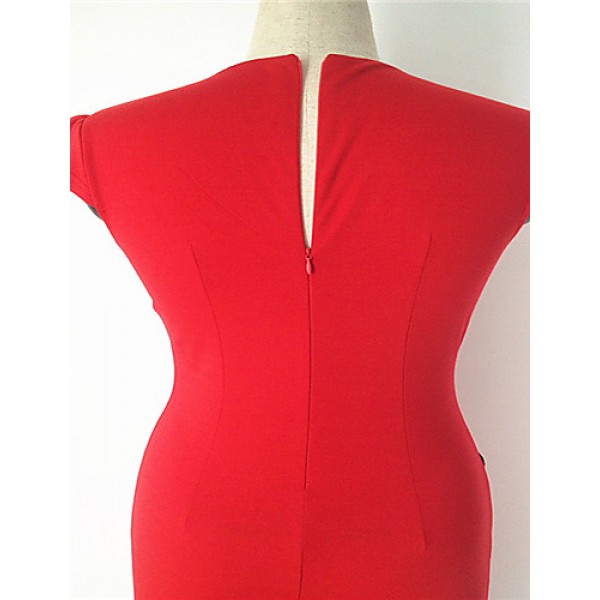 Women's Vintage V Neck Button Dress , Cotton Blends Red Bodycon/Casual/Party/Work