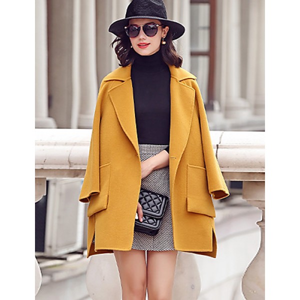 Women's Going out Street chic CoatSolid Notch Lapel Long Sleeve Fall / Winter Blue / Yellow Wool / Polyester Thick