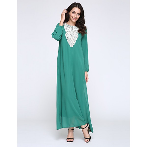 Women's Simple Loose / Chiffon Dress,Solid Round Neck Maxi Long Sleeve Blue / Red / Black / Green Polyester Fall