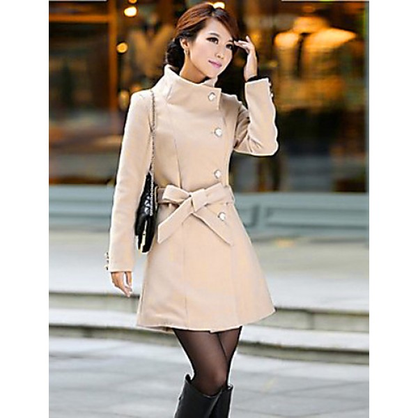 Women's Vintage / Cute Trench Coat,Solid Long Sleeve All Seasons Beige / Black / Gray Wool Medium