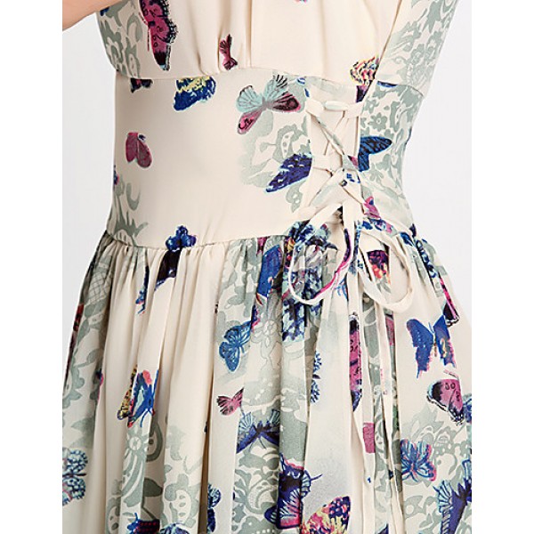 Women's Butterfly Print Beige Dress, Vintage/Print/Maxi U Neck Sleeveless Swing