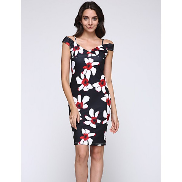 Women's Sexy Floral Bodycon Dress , V Neck Knee-length Cotton / Polyester