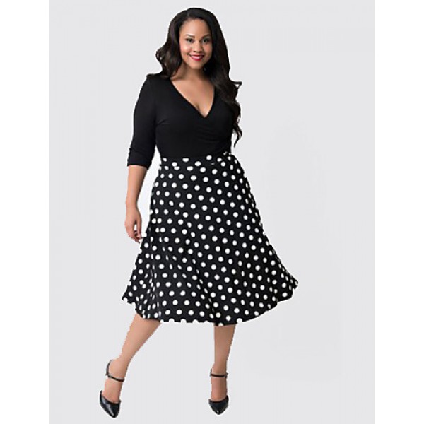 Women's Casual/Daily Plus Size Dress,Solid / Polka Dot V Neck Knee-length ? Length Sleeve Black Polyester Fall