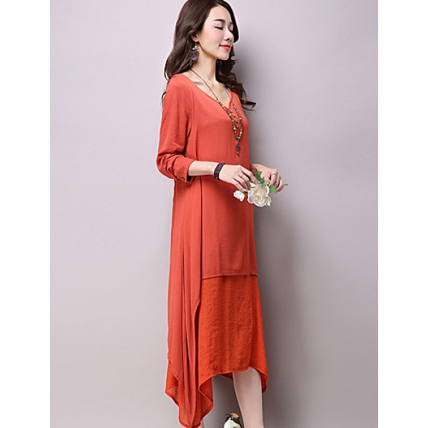 Women's Casual / Day Solid Loose / Swing Dress ,False Two Literature and ArtV Neck Maxi Cotton / Linen