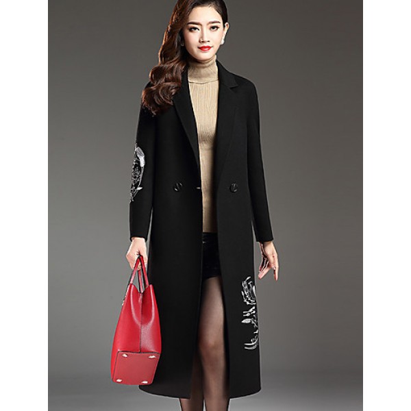 Women's Plus Size Street chic CoatPrint Notch Lapel Long Sleeve Fall / Winter Red / Black / Gray Wool / Polyester Thick