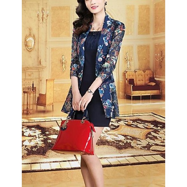 Women's Casual/Daily / Plus Size Street chic Sheath Dress,Print Shirt Collar Above Knee ? Sleeve Blue Polyester Summer