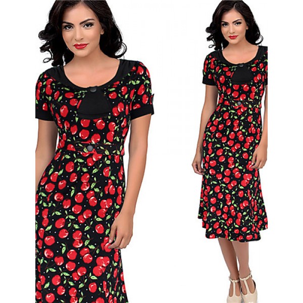 Women's Work Plus Size Dress,Print Round Neck Knee-length Short Sleeve Red / Black Summer