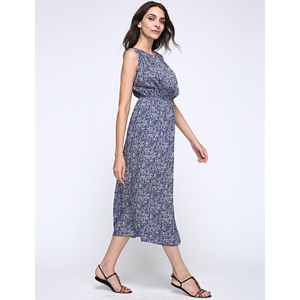 Women's Casual/Daily / Holiday / Plus Size Boho Chiffon / Swing Dress,Print Round Neck Midi Sleeveless Blue Polyester Summer High Rise