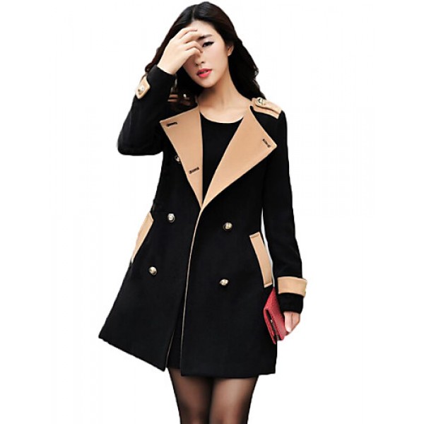 Women's Going out Street chic Coat,Color Block Round Neck Long Sleeve Winter Black / Brown Polyester Thick