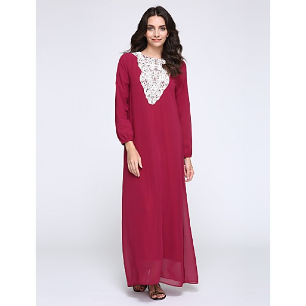 Women's Simple Loose / Chiffon Dress,Solid Round Neck Maxi Long Sleeve Blue / Red / Black / Green Polyester Fall