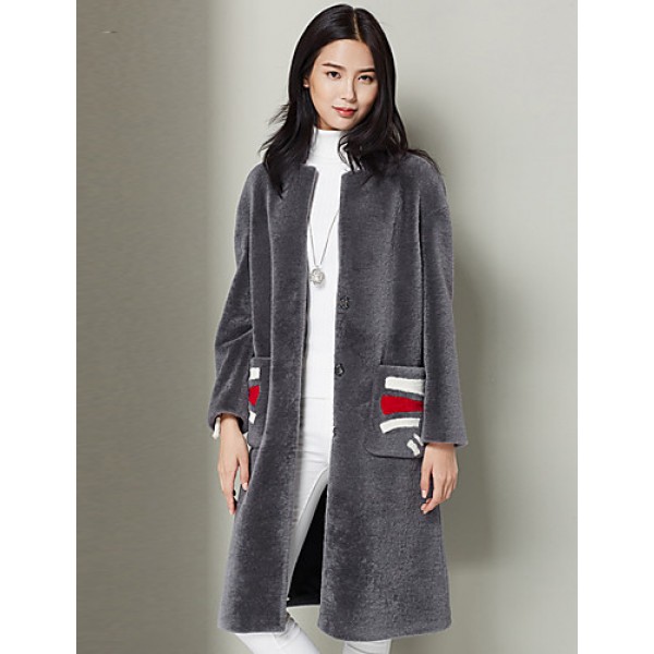 Women's Casual/Daily Simple Fur CoatSolid Asymmetrical Long Sleeve Fall / Winter Gray Wool Thick